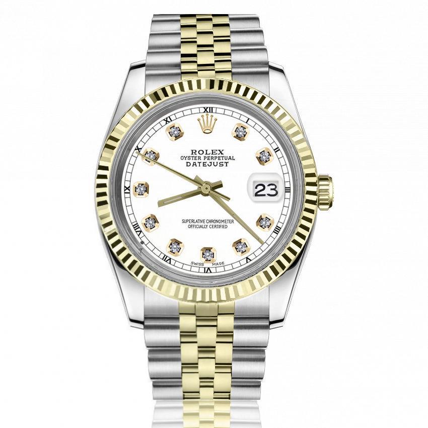Rolex 36mm Datejust White Diamond Dial Fluted Bezel Two Tone Jubilee Deployment Buckle