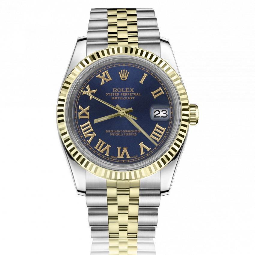 Rolex Oyster Perpetual Datejust Blue Dial with Roman Numerals Two Tone 36mm Watch 