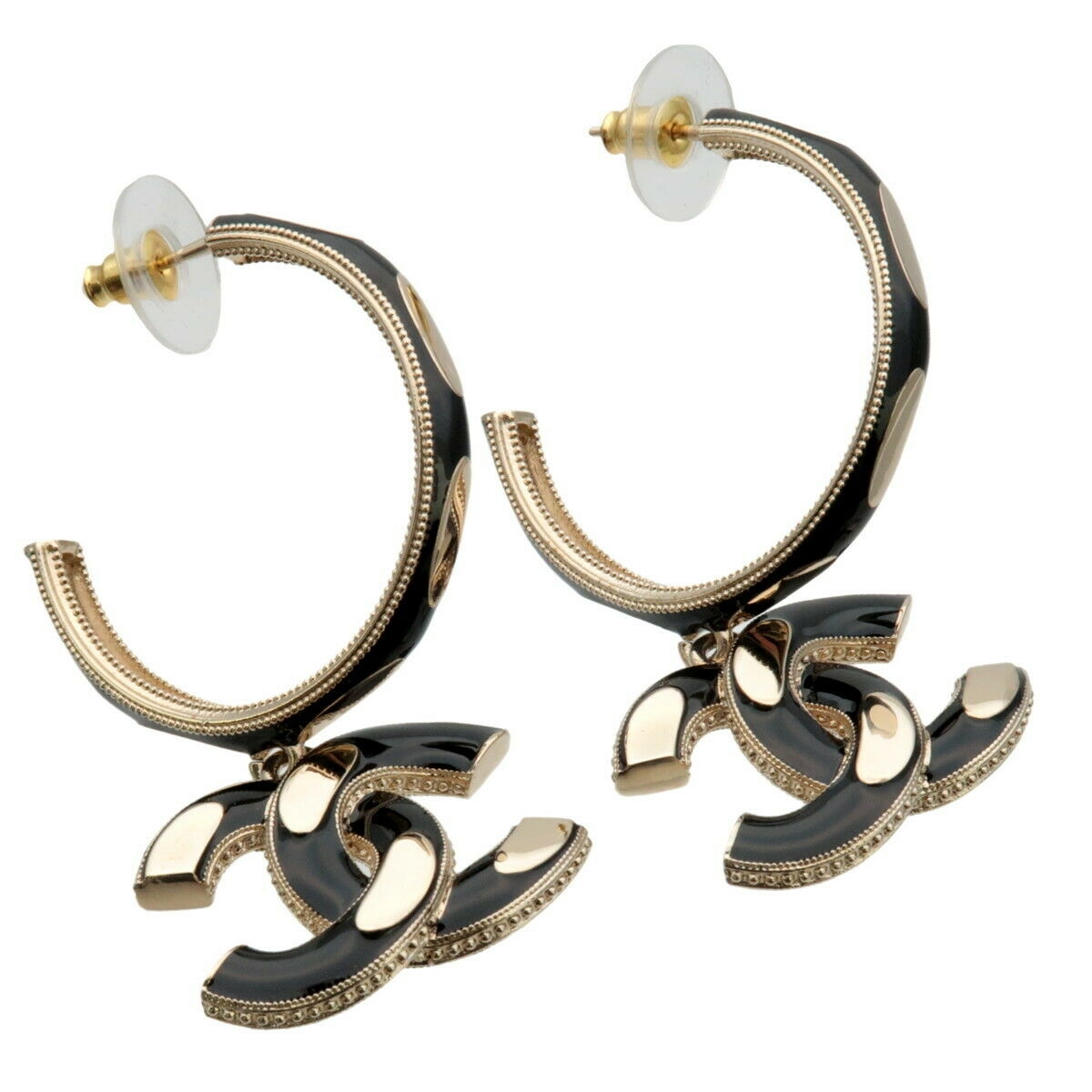 Chanel Coco Mark Hoop Pierced Earrings #291470C10B Authentic CHANEL Coco Mark Hoop Earrings Gold Black A21A  main image 4