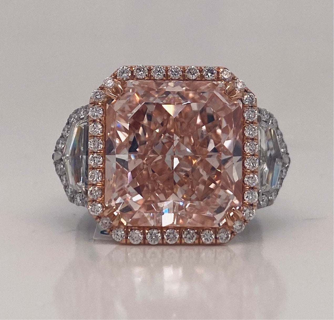 15 Carat Radiant Fancy Pink 3 stone Diamond Engagement Ring GIA Certified 13 CT Fancy Orangey Pink by Mike Nekta NYC