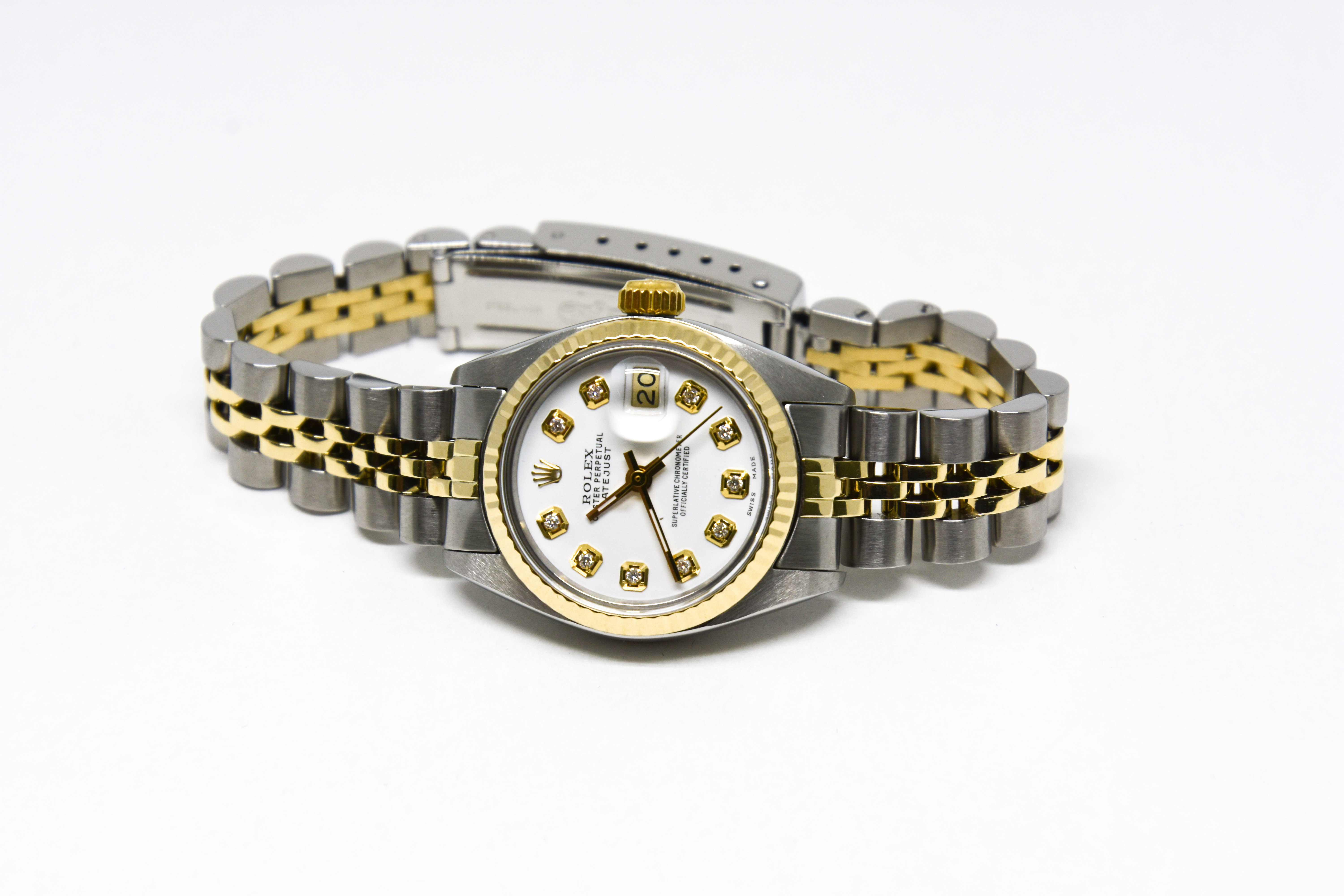 26 mm stainless steel/yellow gold Rolex datejust. Diamonds