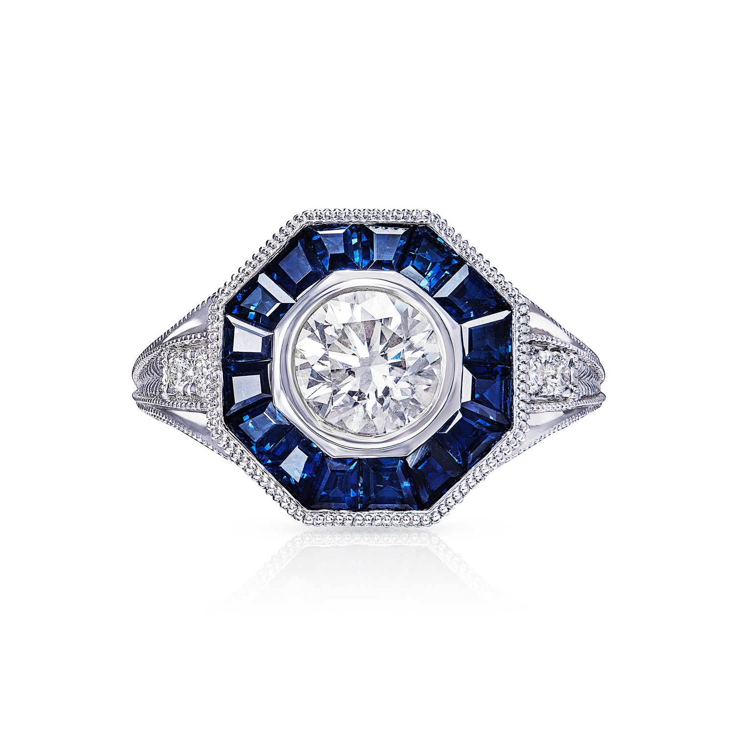 Faith Vintage Style Octagon 4 Carat Round Brilliant Earth Mined Diamond Engagement Ring in 18k White Gold. Halo