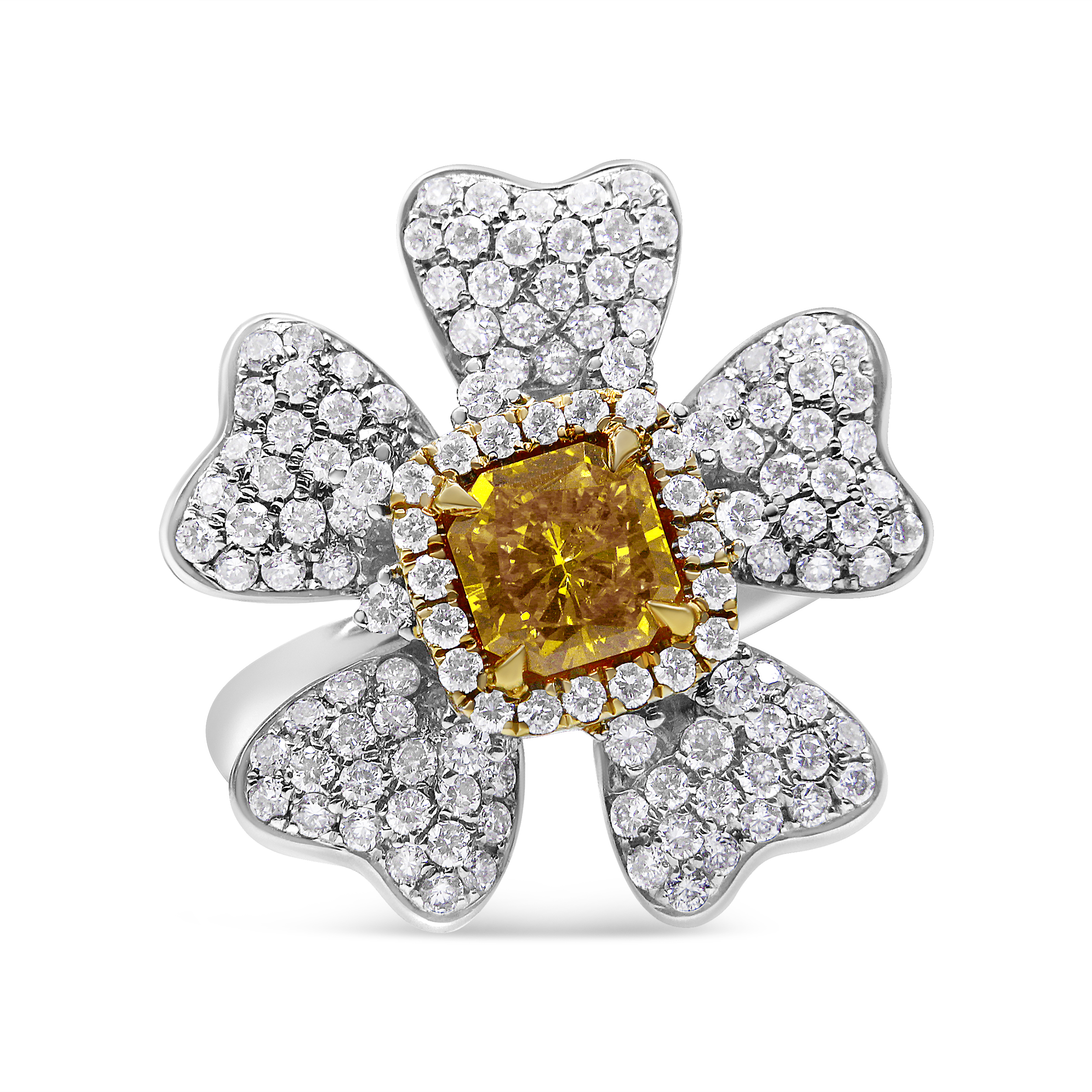18K White and Yellow Gold 2.25 Cttw Yellow Radiant Lab Grown Center Diamond Flower and Leaf Cluster Ring (Yellow/G-H Color, VS1-VS2 Clarity) - Size 6.5