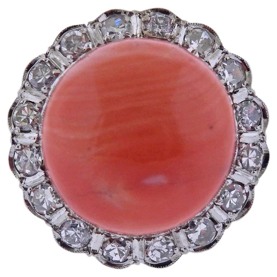 Coral Diamond Gold Vintage Cocktail Ring