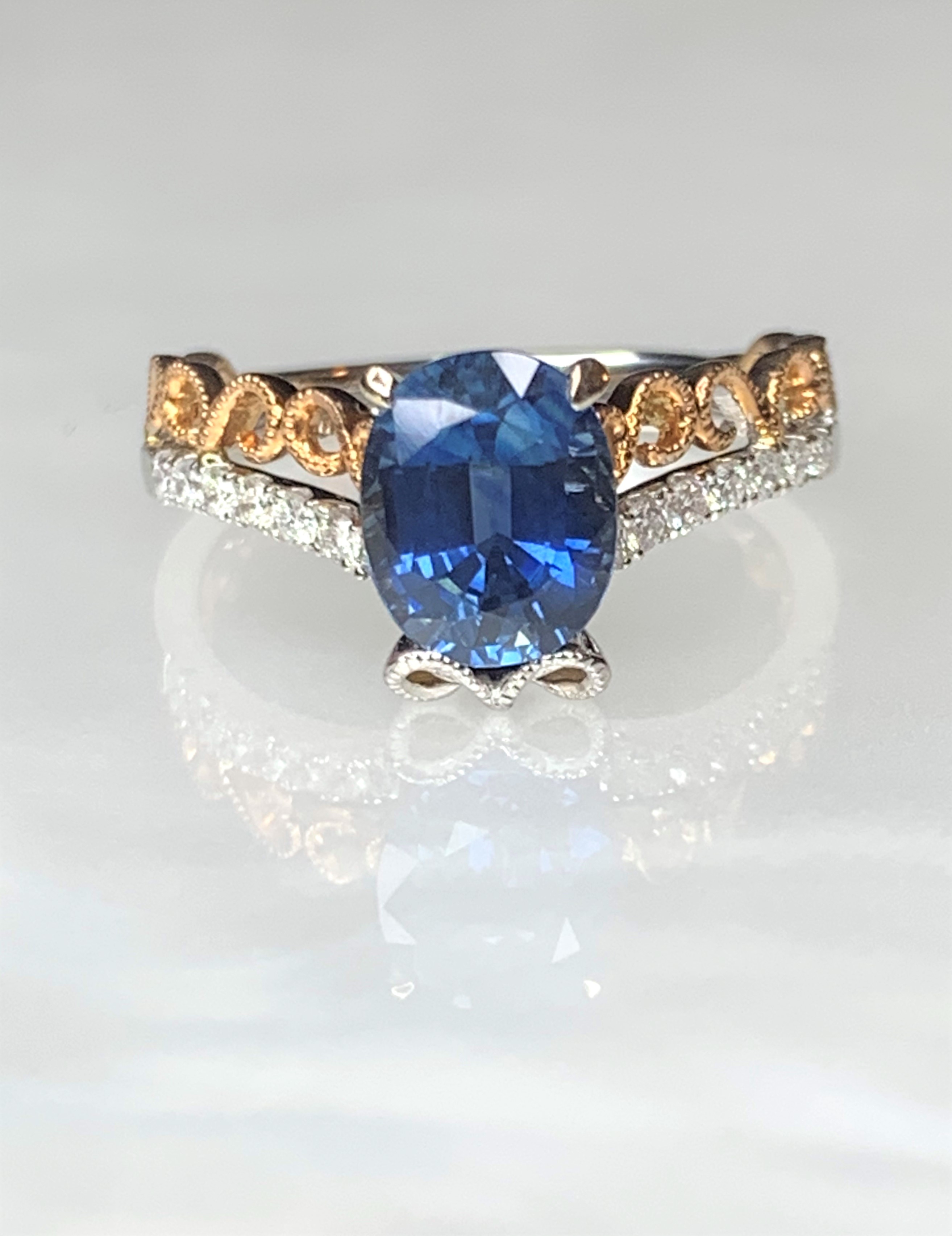 18K Rose and White Gold Oval Blue Sapphire Diamond Ring