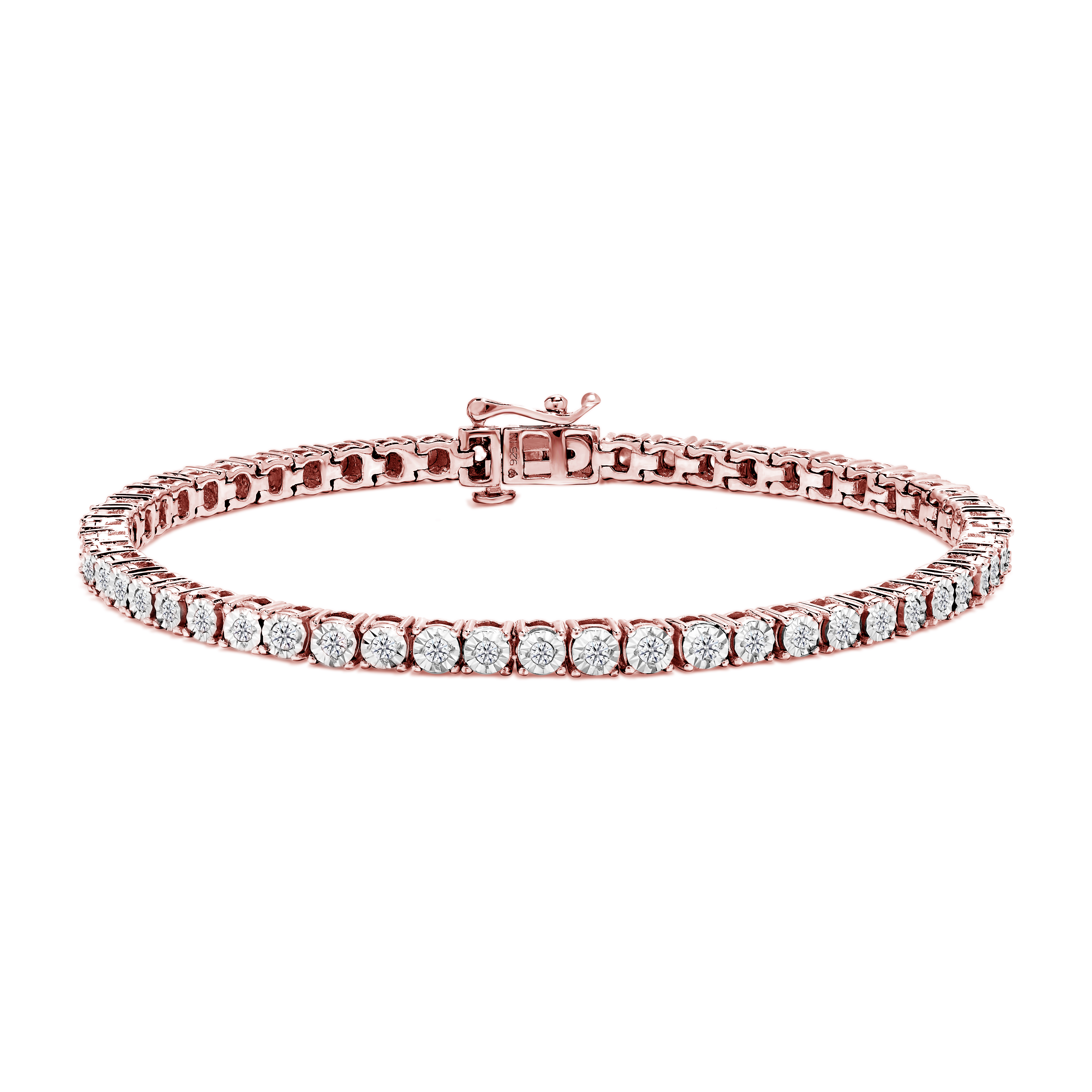 True 10K Rose Gold Plated .925 Sterling Silver 1.0 Cttw Miracle-Set Diamond Round Faceted Bezel Tennis Bracelet (I-J Color, I3 claritys
) - 9"