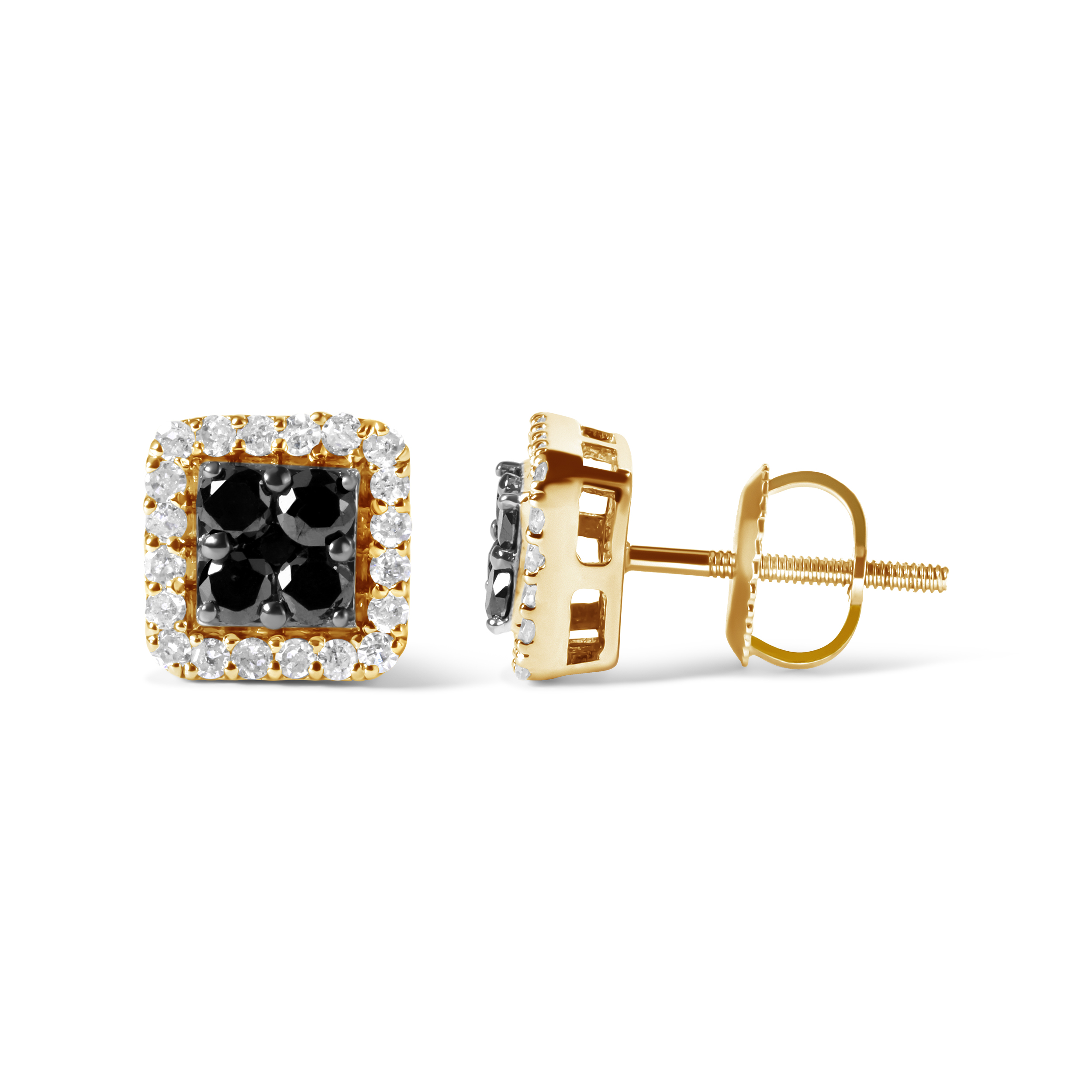 True Men's 10K Yellow Gold 5/8 Cttw White and Black Treated Diamond Composite with Halo Stud Earring (Black / I-J, I2-I3 Clarity)