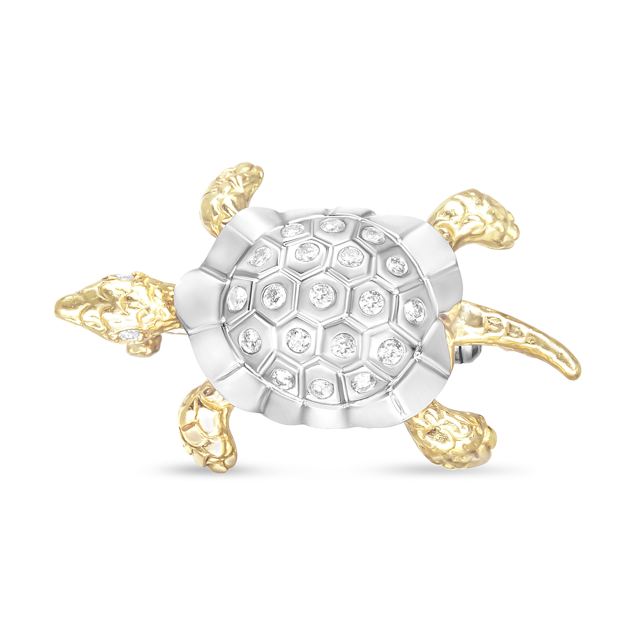 18K Yellow and White Gold 1/3 Cttw Round Pave Set Diamond Flushed Turtle Brooch Pin (H-I Color, VS2-SI1 Clarity)