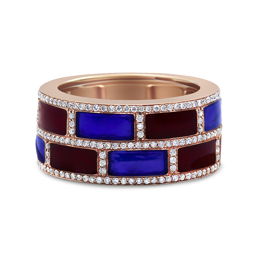 18K Rose Gold Alternating Red and Blue Enamel and 1/2 Cttw Diamond Studded Band Ring (F-G Color, VS1-VS2 claritys
) - Ring Size 7