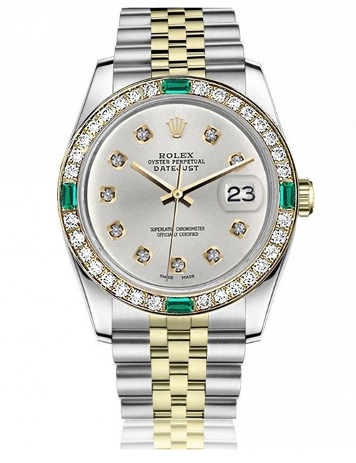 Women's Rolex 31mm Datejust Vintage Diamond Bezel with Emeralds Two Tone Silver Color Diamond Dial