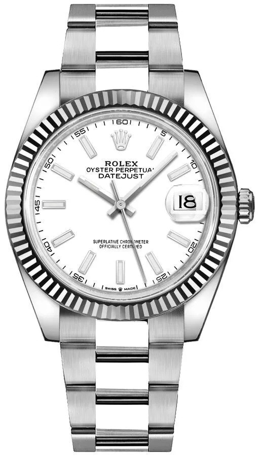 Rolex Datejust 41 White Dial Fluted Gold Bezel Automatic Watch 126334