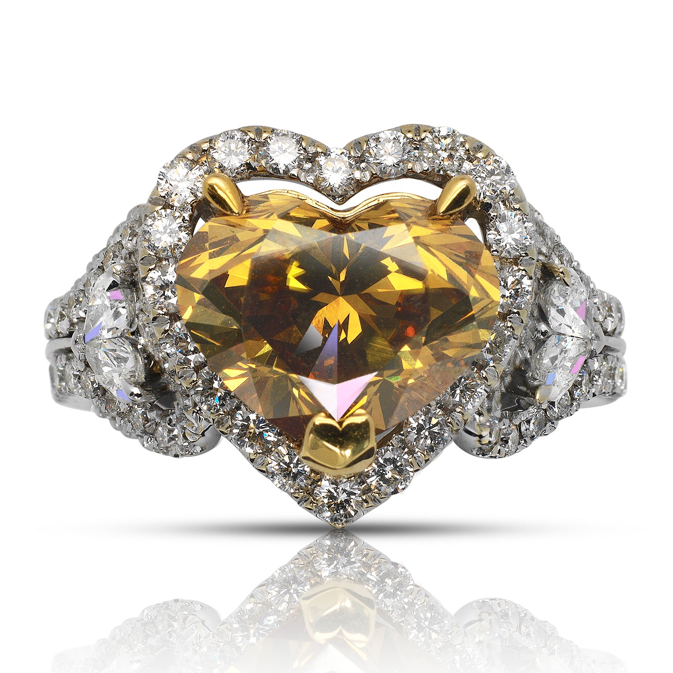 4 CARAT HALO HEART SHAPE FANCY DEEP ORANGY YELLOW DIAMOND ENGAGEMENT RING 18K WHITE GOLD BY MIKE NEKTA