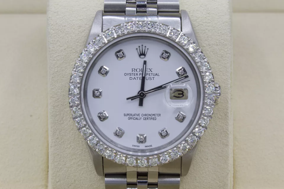 Rolex Datejust 36mm Custom 3ct VS Diamond Bezel  White Dial S/S Quickset