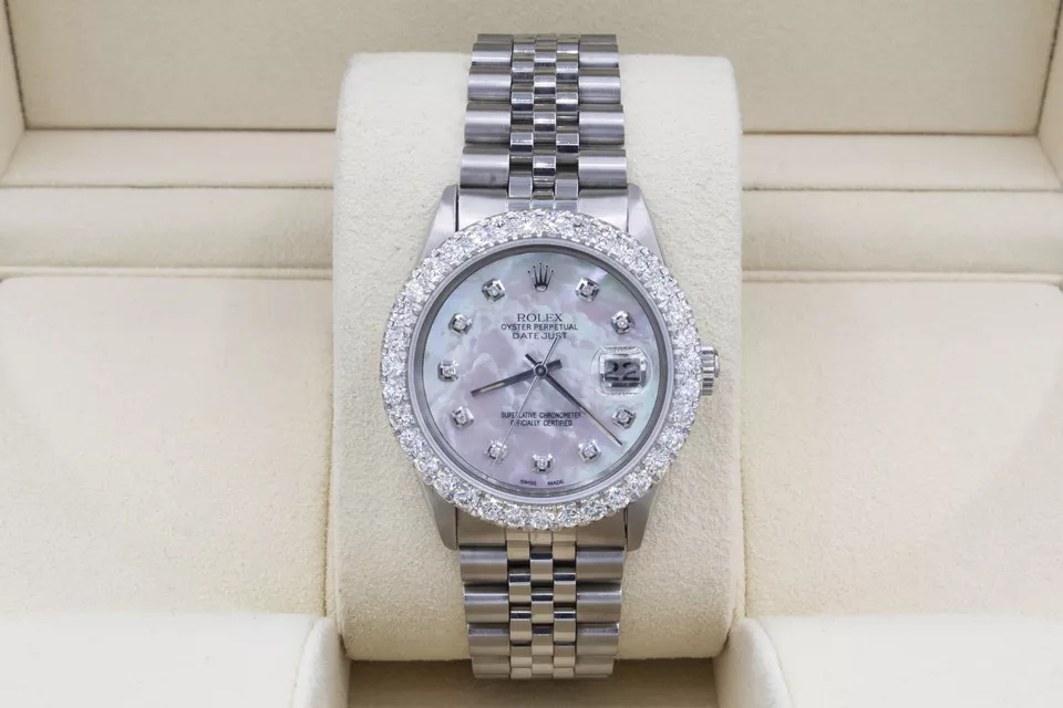 Rolex Datejust 36mm Custom 3ct VS Diamond Bezel  White MOP Dial Quickset