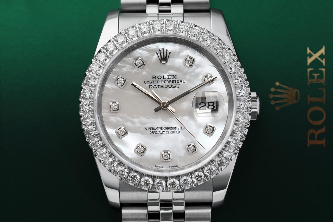 Rolex 36mm Datejust New Style Custom Diamond Bezel, White Mother of Pearl Diamond Dial Jubilee