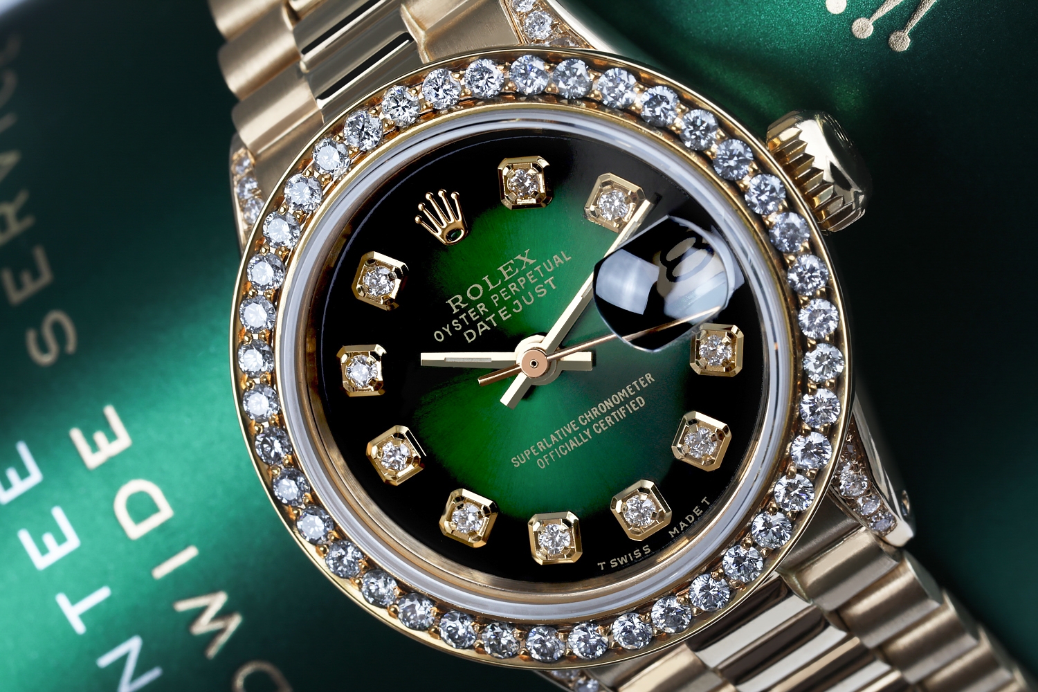 Rolex 26mm Presidential 18kt Gold Green Diamond Dial Bezel and