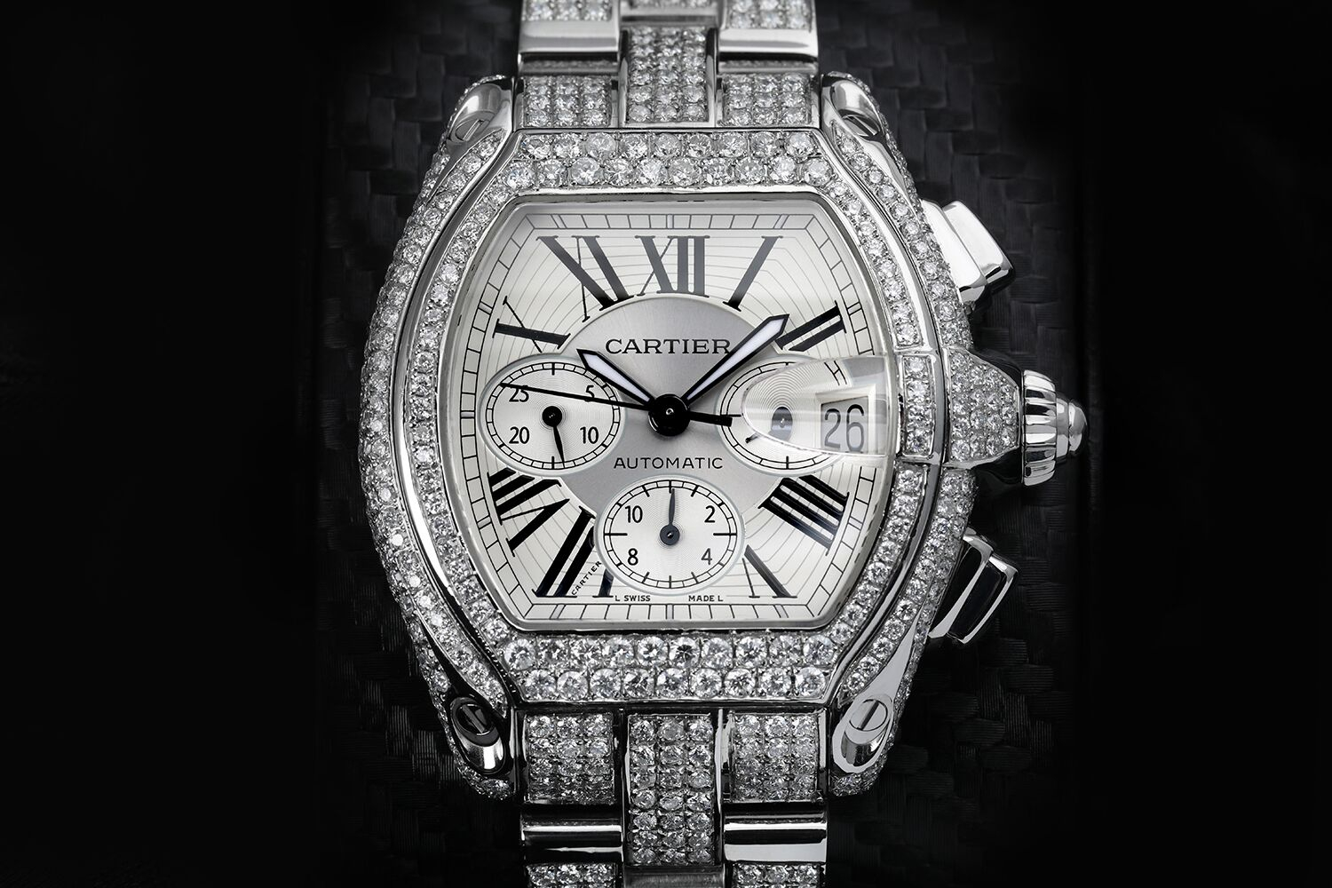 Cartier Roadster Xl W62020x6 Silver Dial Stainless Steel Fully Iced Out Watch