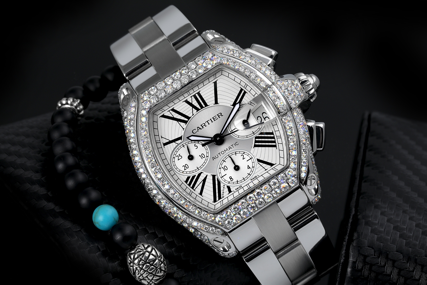Cartier Roadster XL Chronograph Stainless Steel Diamond Watch Silver Dial W62020X6