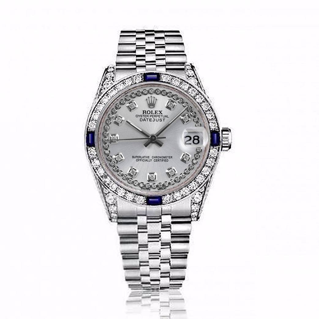Rolex 31mm Datejust Silver String Diamond Dial Bezel with