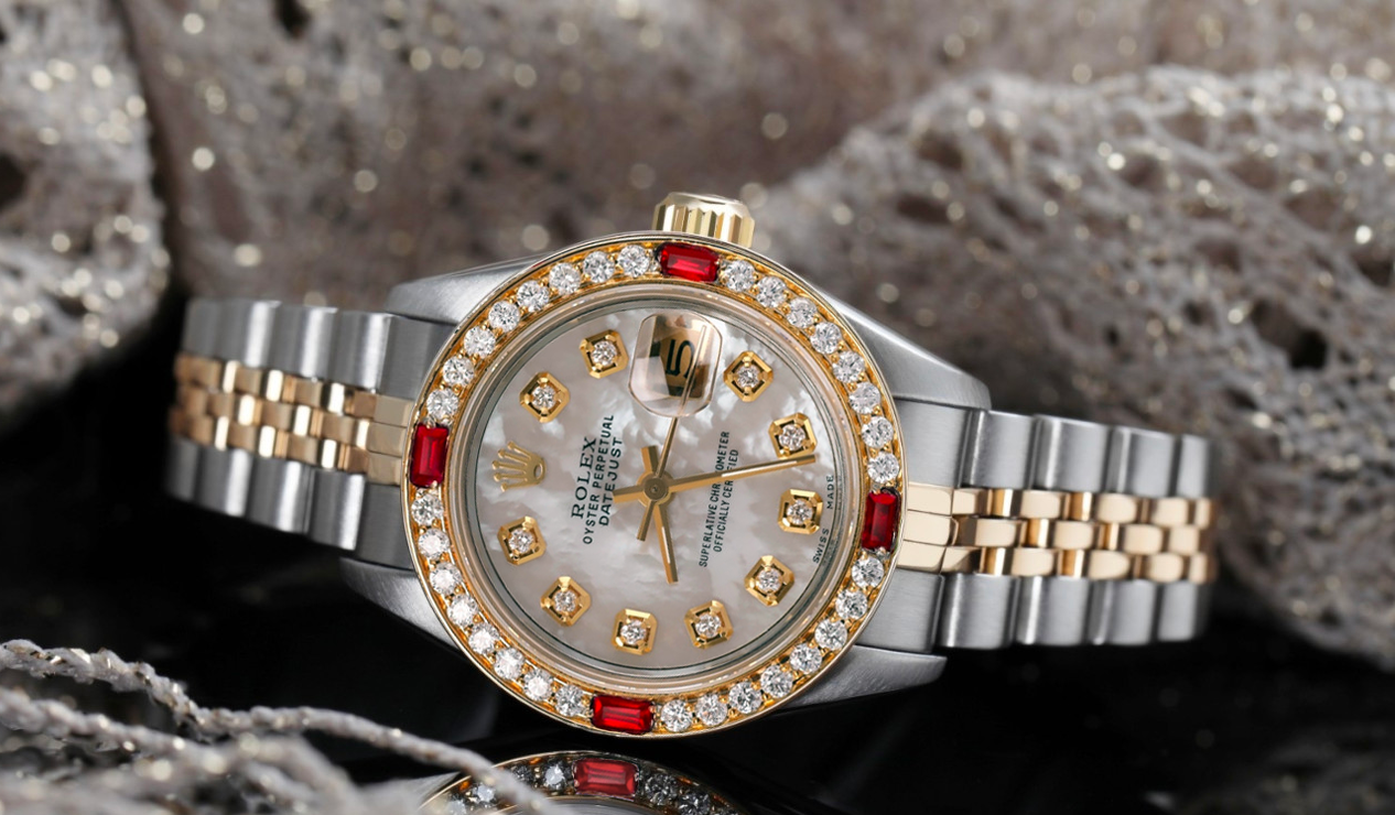 LADIES ROLEX DATE 18K WHITE GOLD DIAMOND RUBY WATCH Rolex Daytona White Gold Diamond Paved Dial & Four Red Ruby  main image 3