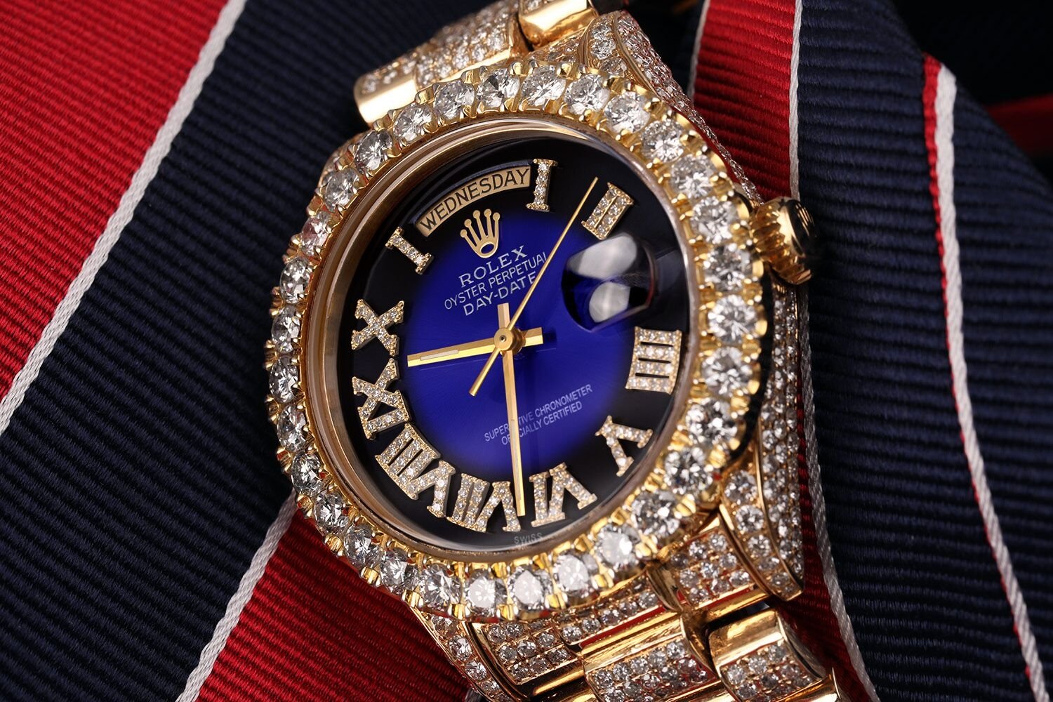 Rolex 36mm Presidential 18kt Gold Blue Vignette Roman Diamond Numeral Dial Fully Iced Out Watch 18038