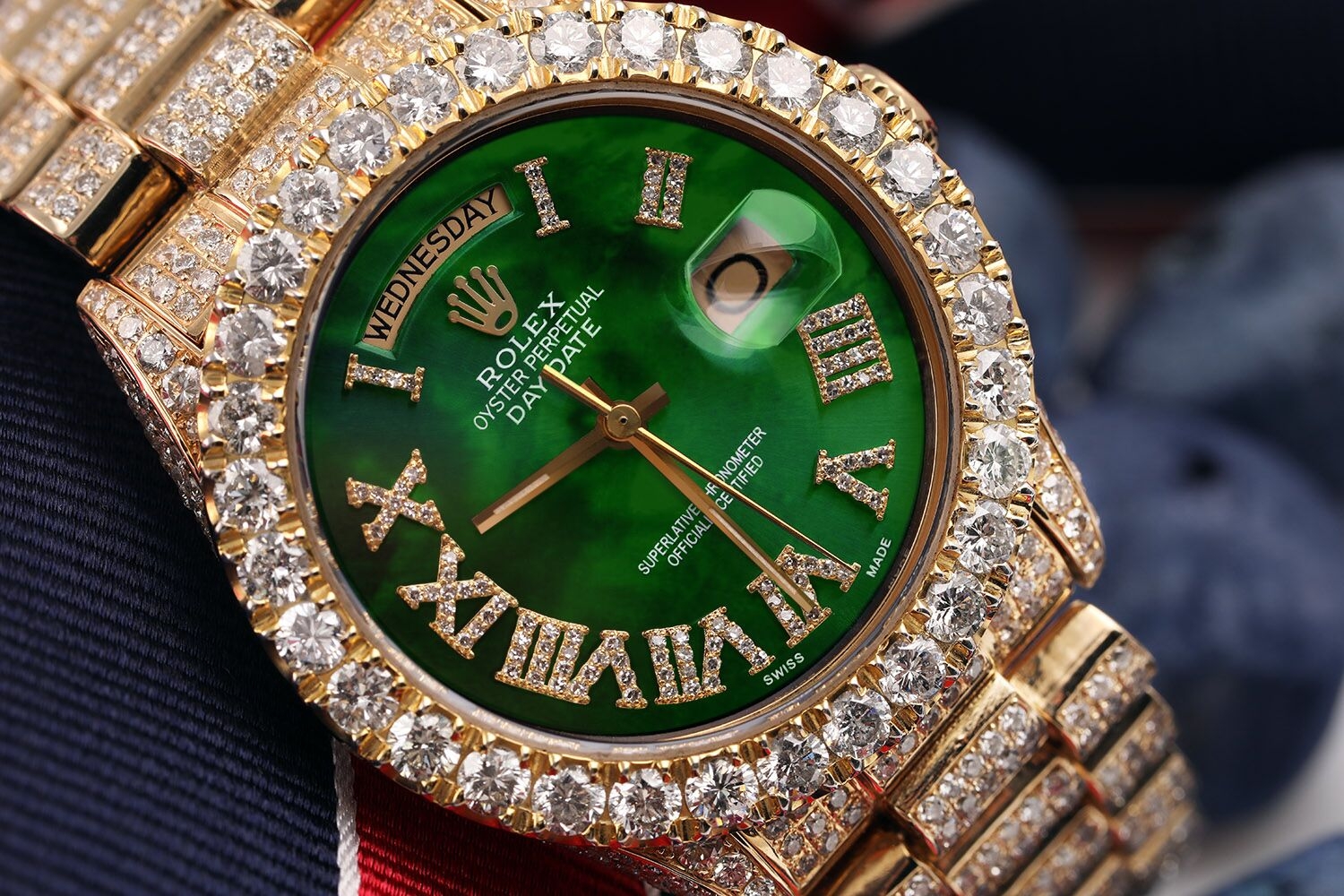 Rolex Diamond Day Date with Green Pearl Dial Roman Numerals 36mm Watch