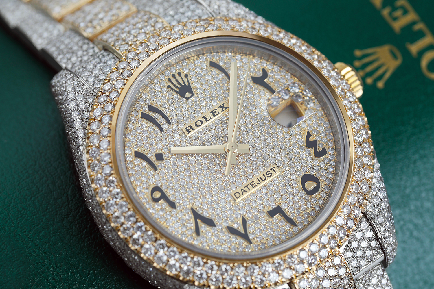 Rolex Datejust 41 Stainless Steel and 18k Yellow Gold Custom Fully Iced Out Watch Arabic Script Dial