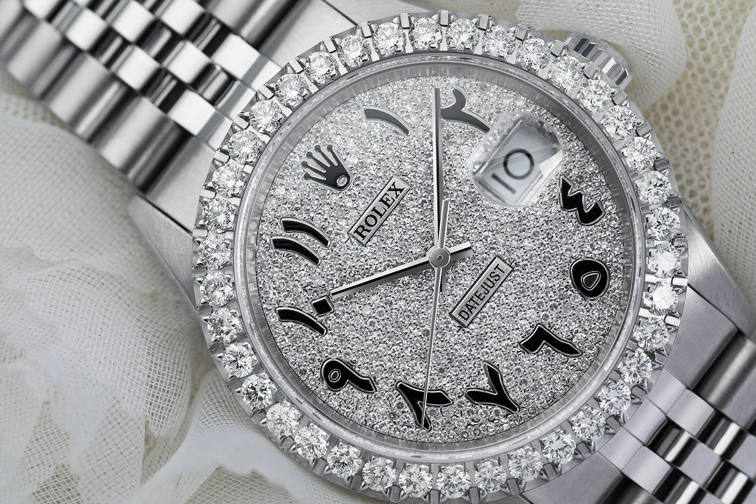 Rolex 36mm Datejust Custom Diamond Bezel, Pave Arabic Script Dial 16014
