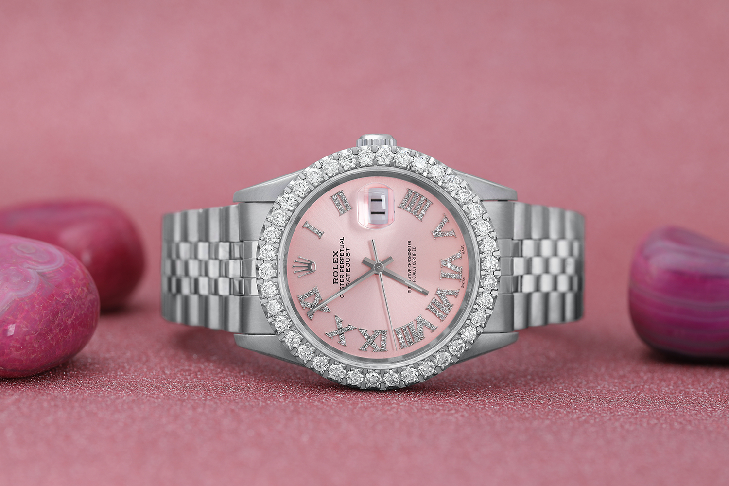 Rolex 36mm Datejust Custom Diamond Bezel, Pink Diamond Roman Dial 16014