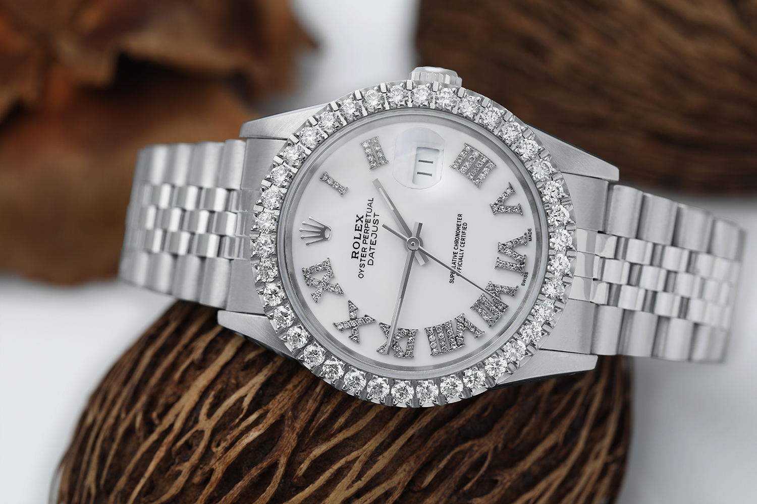 Rolex 36mm Datejust Custom Diamond Bezel, White Diamond Roman Dial 16014
