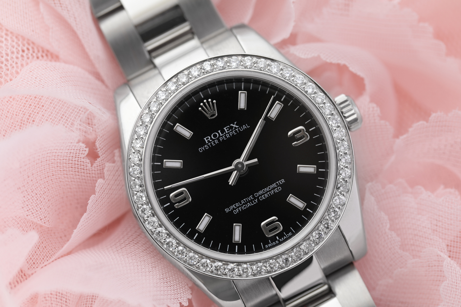 Rolex Datejust 31mm Oyster Perpetual Black Dial Oyster Bracelet Custom Diamond Bezel 177200
