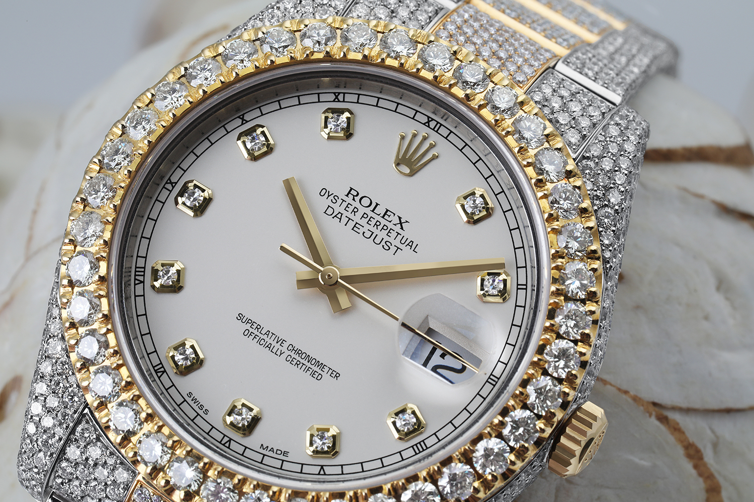 Rolex Datejust 41 Stainless Steel and 18k Yellow Gold Custom Fully Iced Out Watch White Diamond Dial 