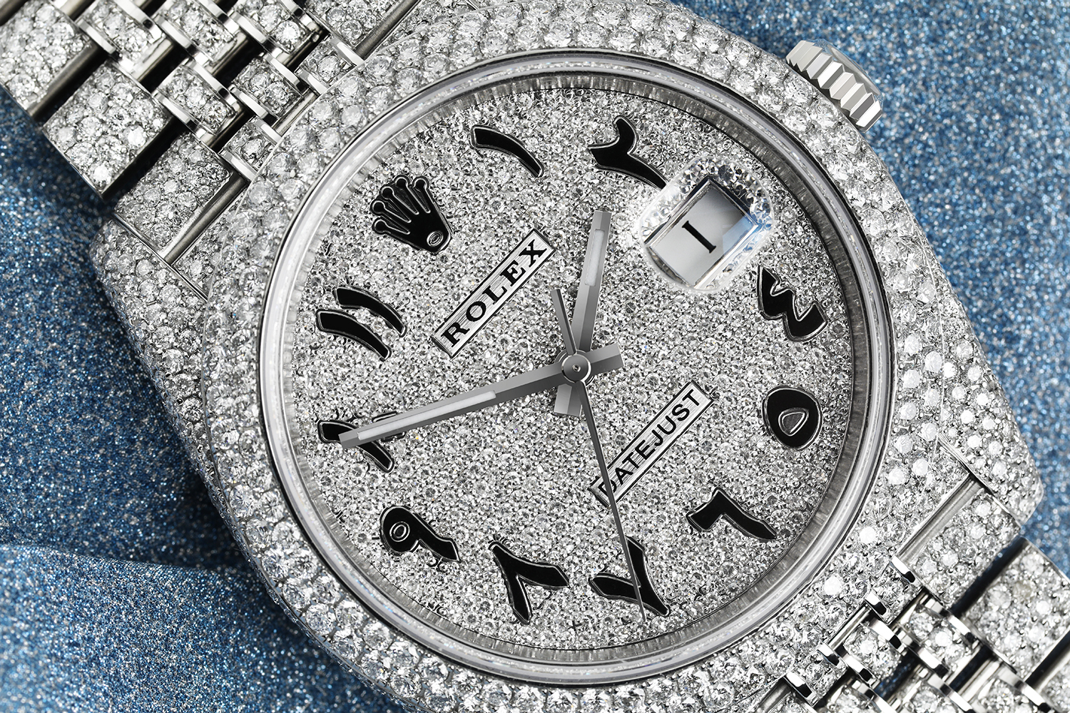Rolex Mens Datejust 41mm Stainless Steel Pave Arabic Script Diamond Dial Jubilee Custom Fully Iced Out Watch