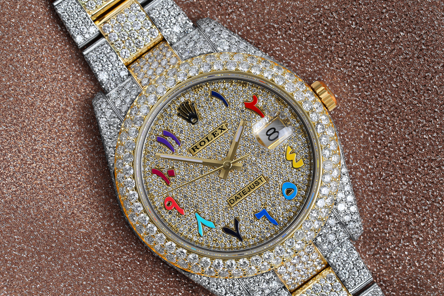 Rolex DJ 41 Custom Full Diamond Two Tone Watch Oyster Band Pave Rainbow Arabic Script Dial 