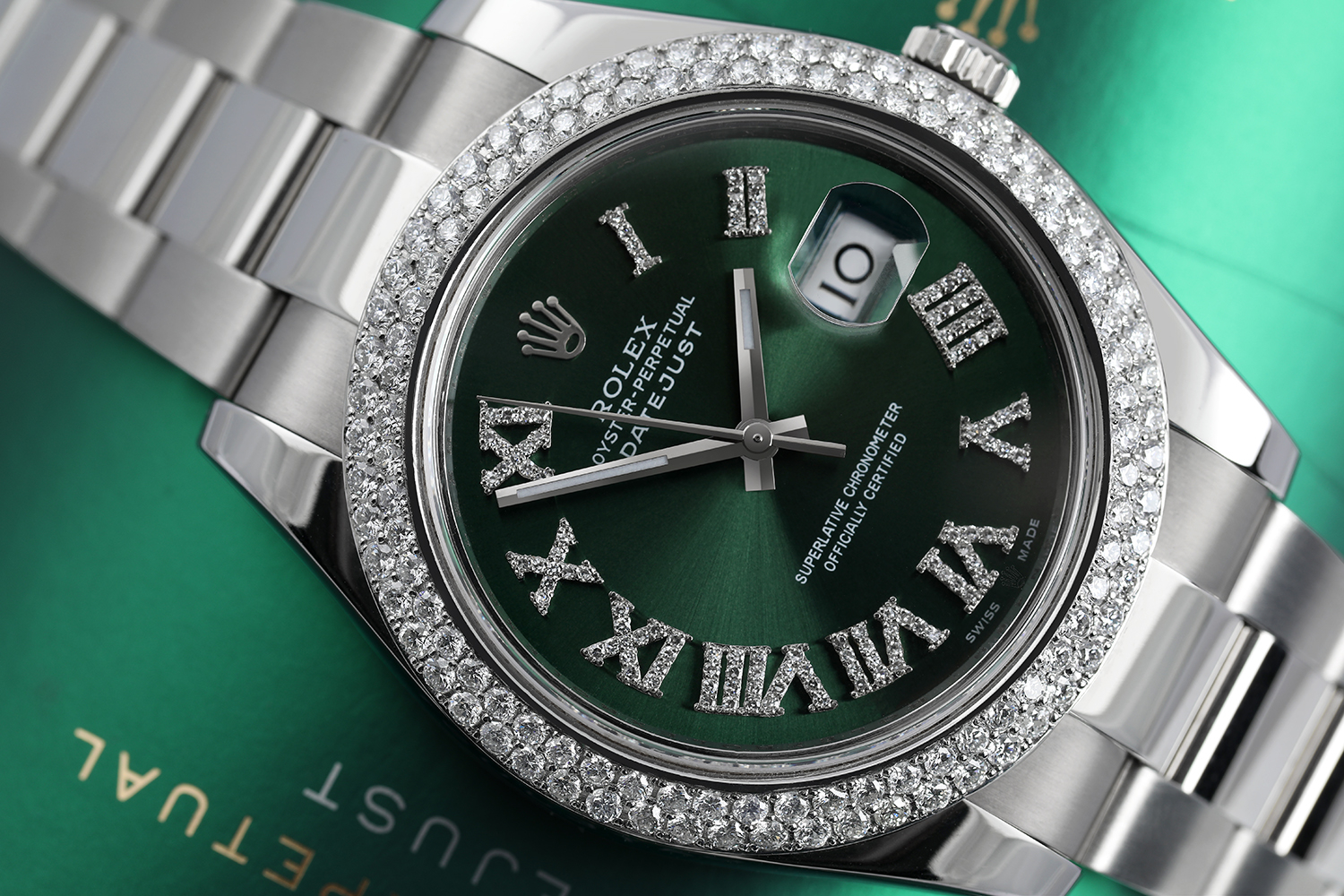 Rolex Datejust 41mm Green Roman Numeral Diamond Dial SS Watch Diamond Bezel