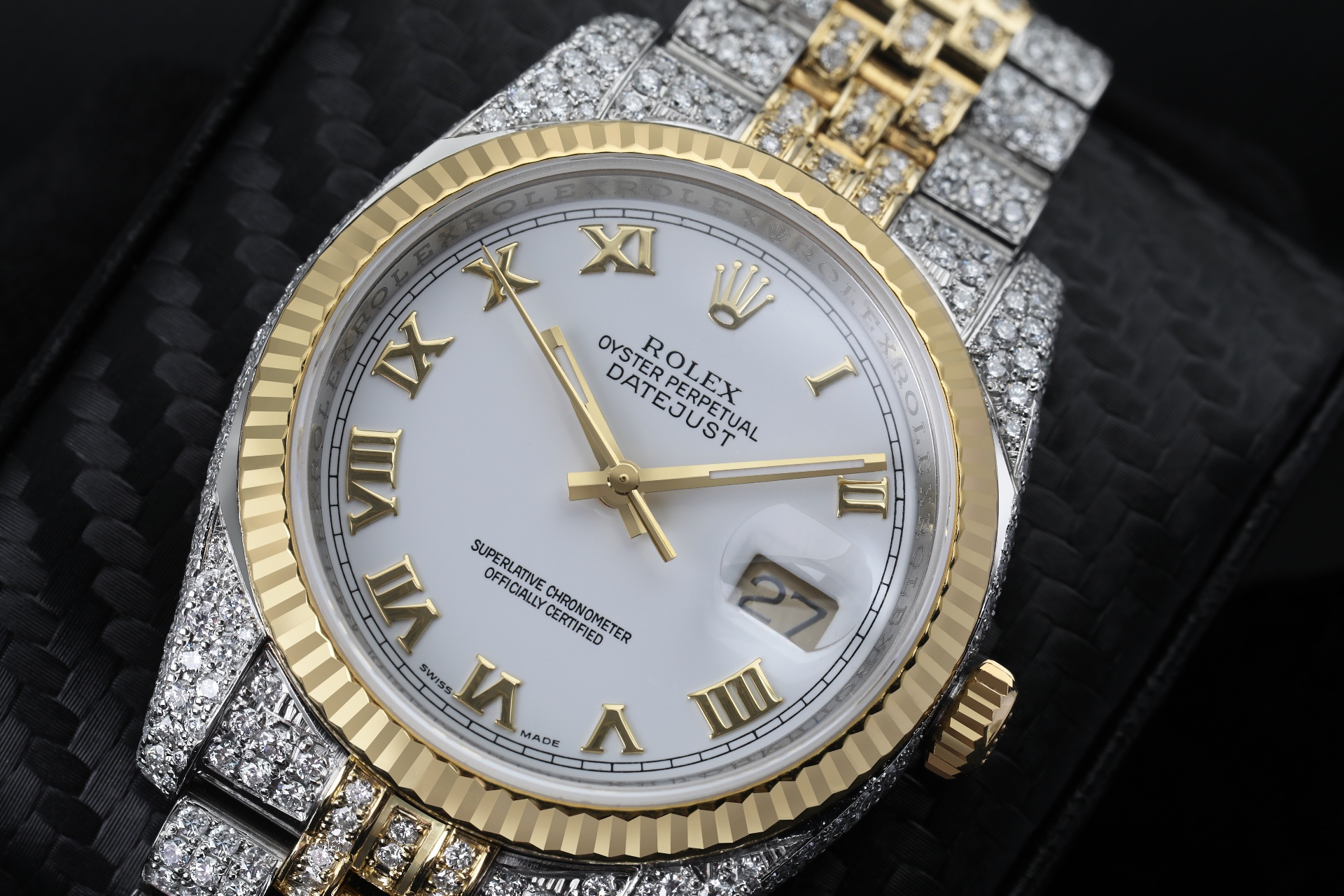 Rolex Datejust 36mm White Roman Dial Fluted Yellow Gold Bezel  Iced Out Watch Jubilee Band