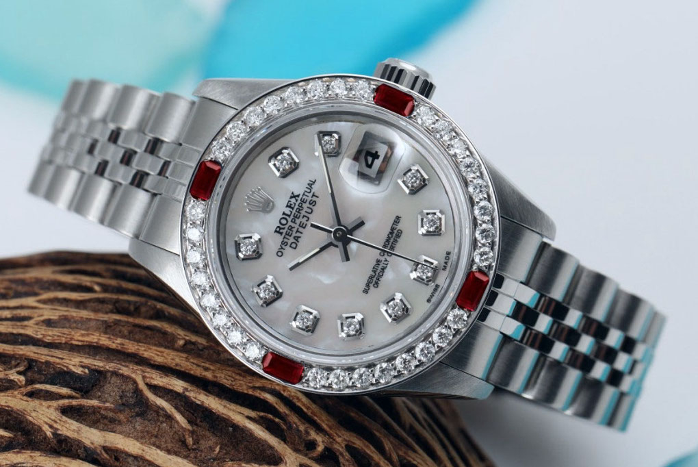 Rolex White Pearl 26mm Datejust SS Diamond  Ruby Bezel Ladies Watch
