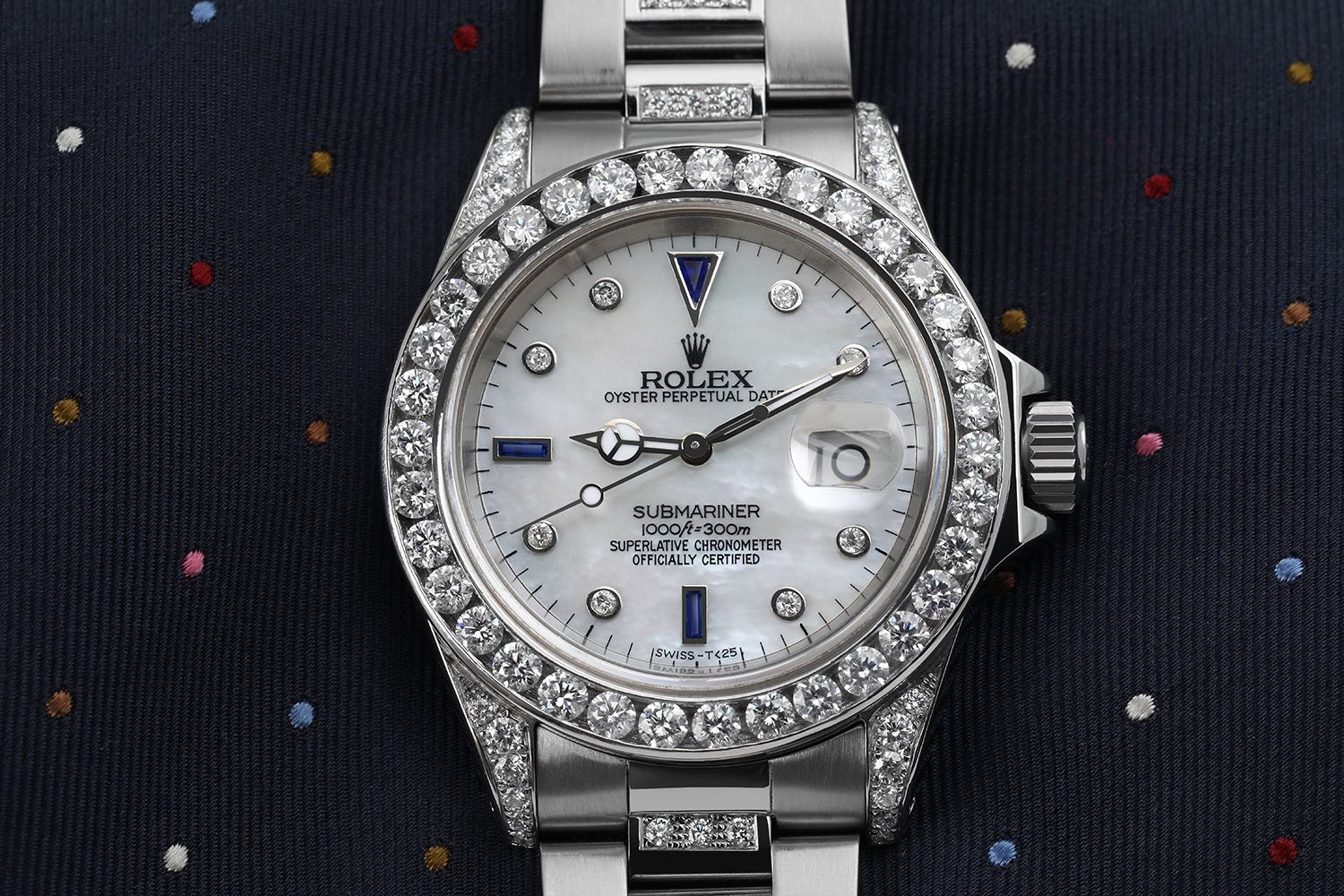 Rolex Submariner Stainless Steel Custom White MOP Diamond Dial Middle Diamond Bracelet Bezel and Lugs 16610