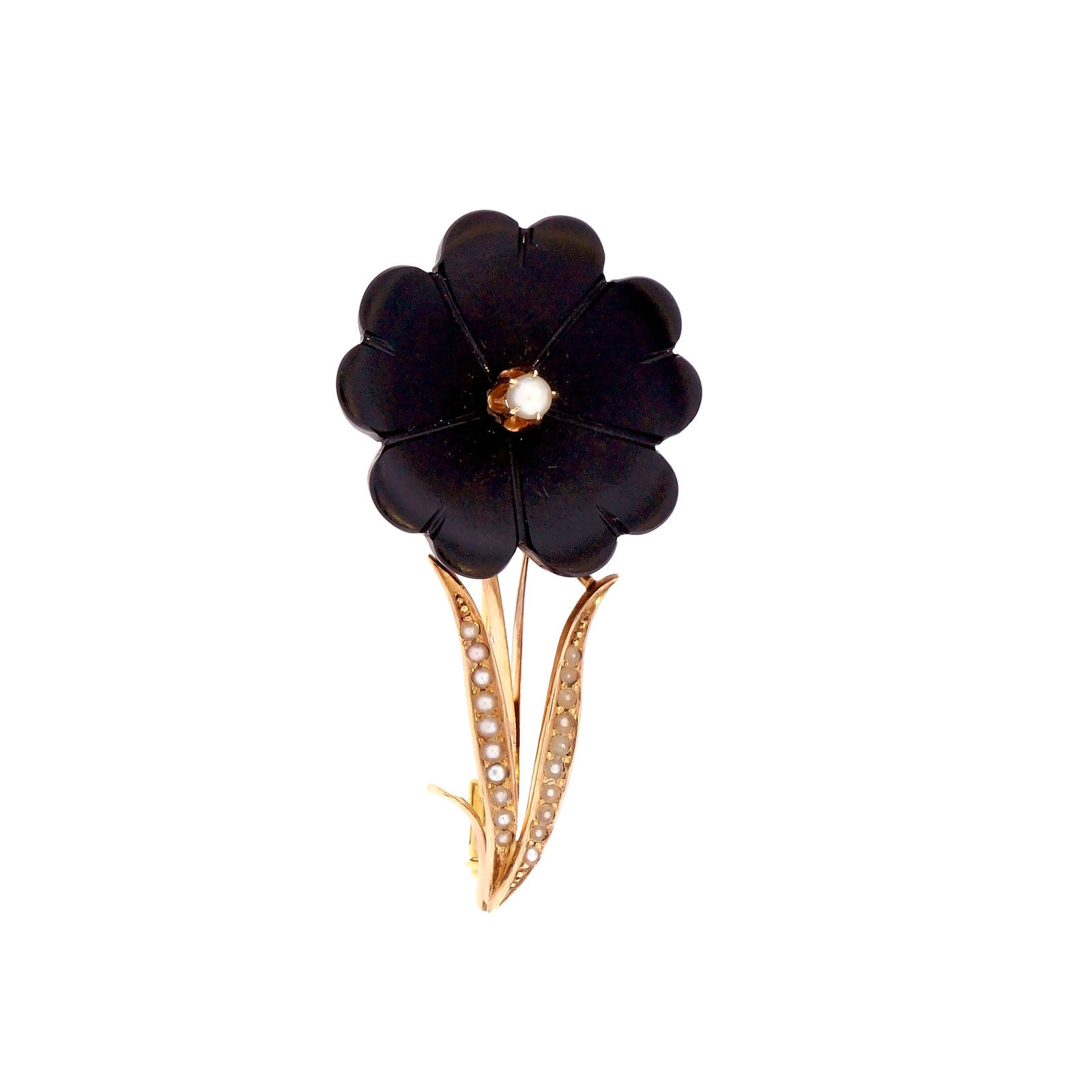 14K Yellow Gold with Onyx & Akoya Pearl Pin & Earrings Set