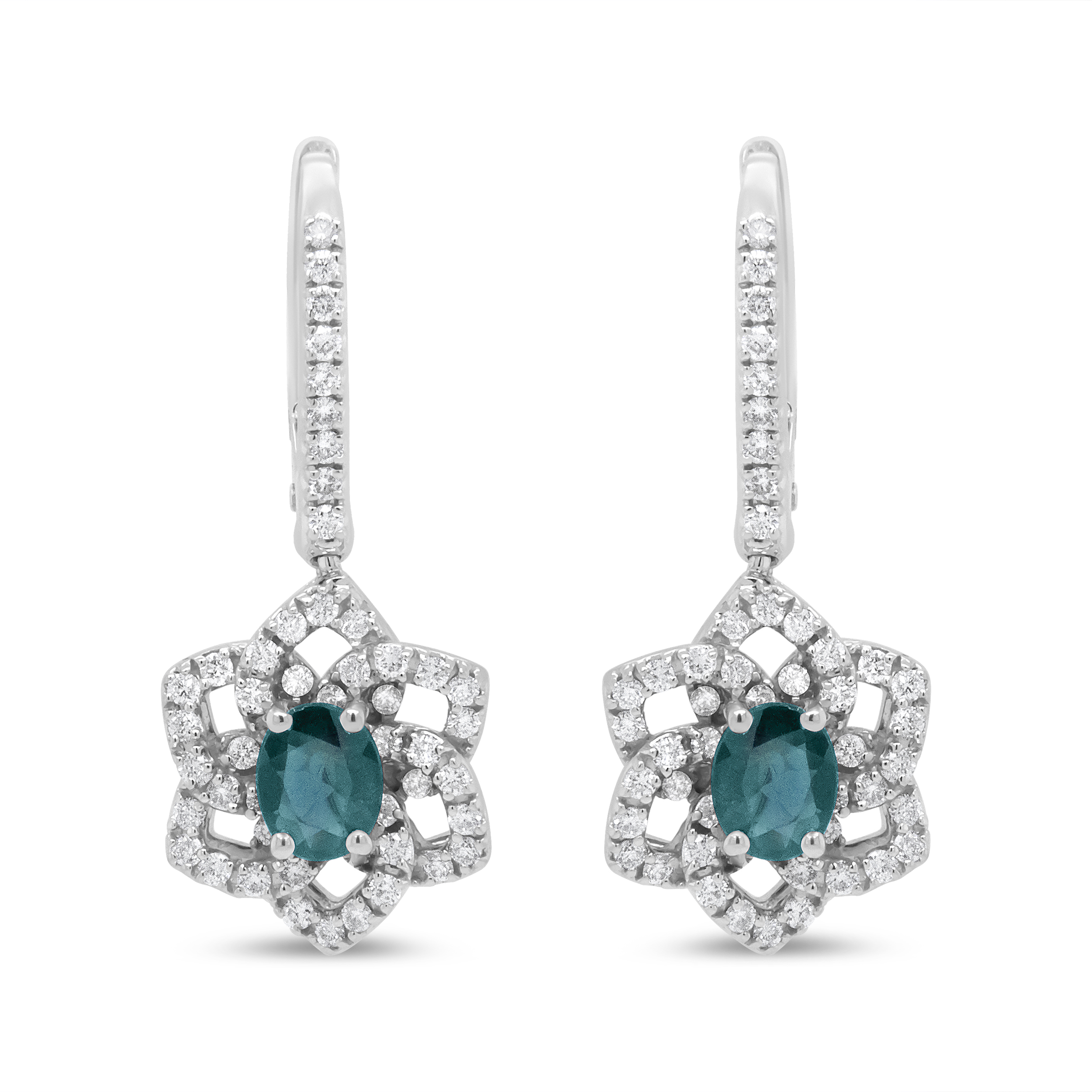 18K White Gold 3/8 Cttw Diamond and 4.94 x 3.96mm Blue Sapphire Floral Dangle Drop Earring (F-G Color, SI1-SI2 Clarity)
