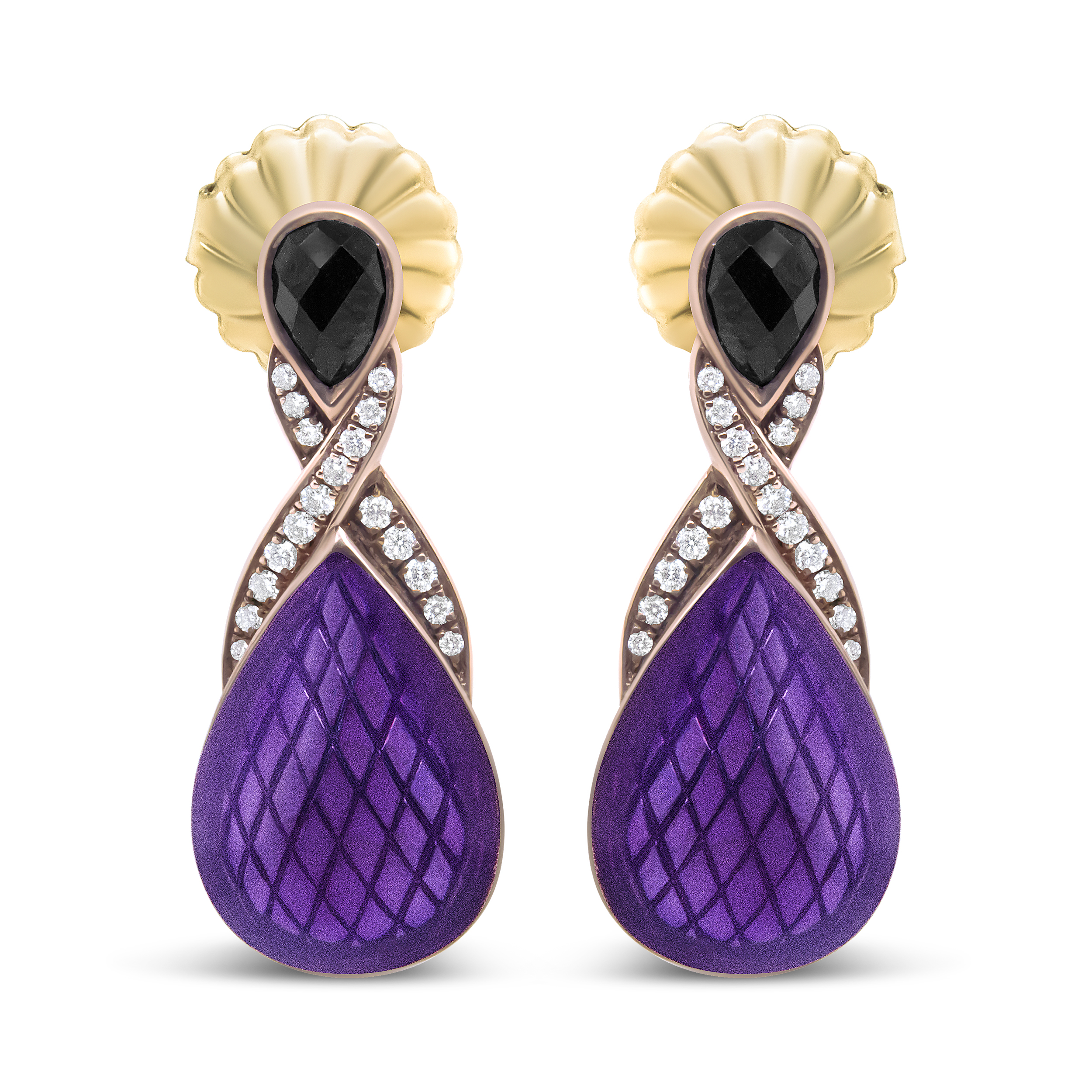 18K Rose Gold Flash Plated .925 Sterling Silver Purple Enamel 1/5 Cttw Round Pave-Set Diamond and 5.5 x 4mm Pear-Shaped Black Onyx Drop Earrings (F-G Color, VS1-VS2 Clarity)