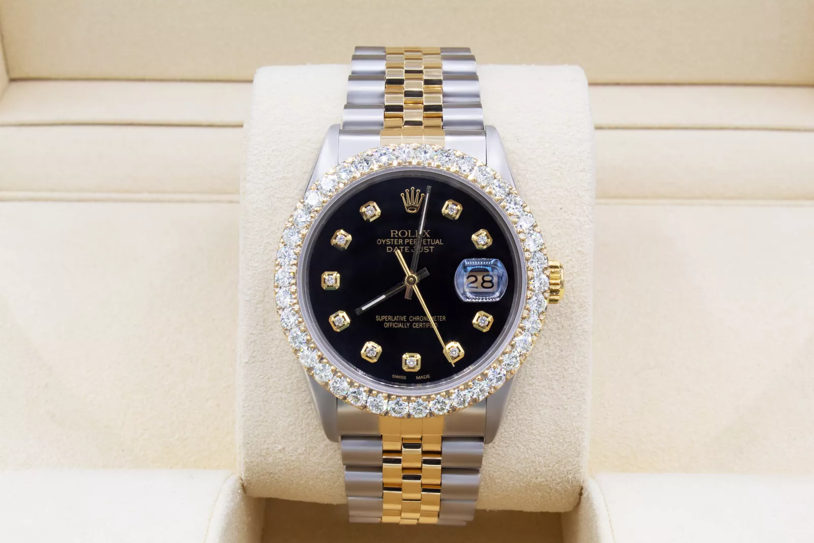 Rolex Datejust 36mm Custom 3ct Diamond Bezel  Black Dial Two Tone Automatic