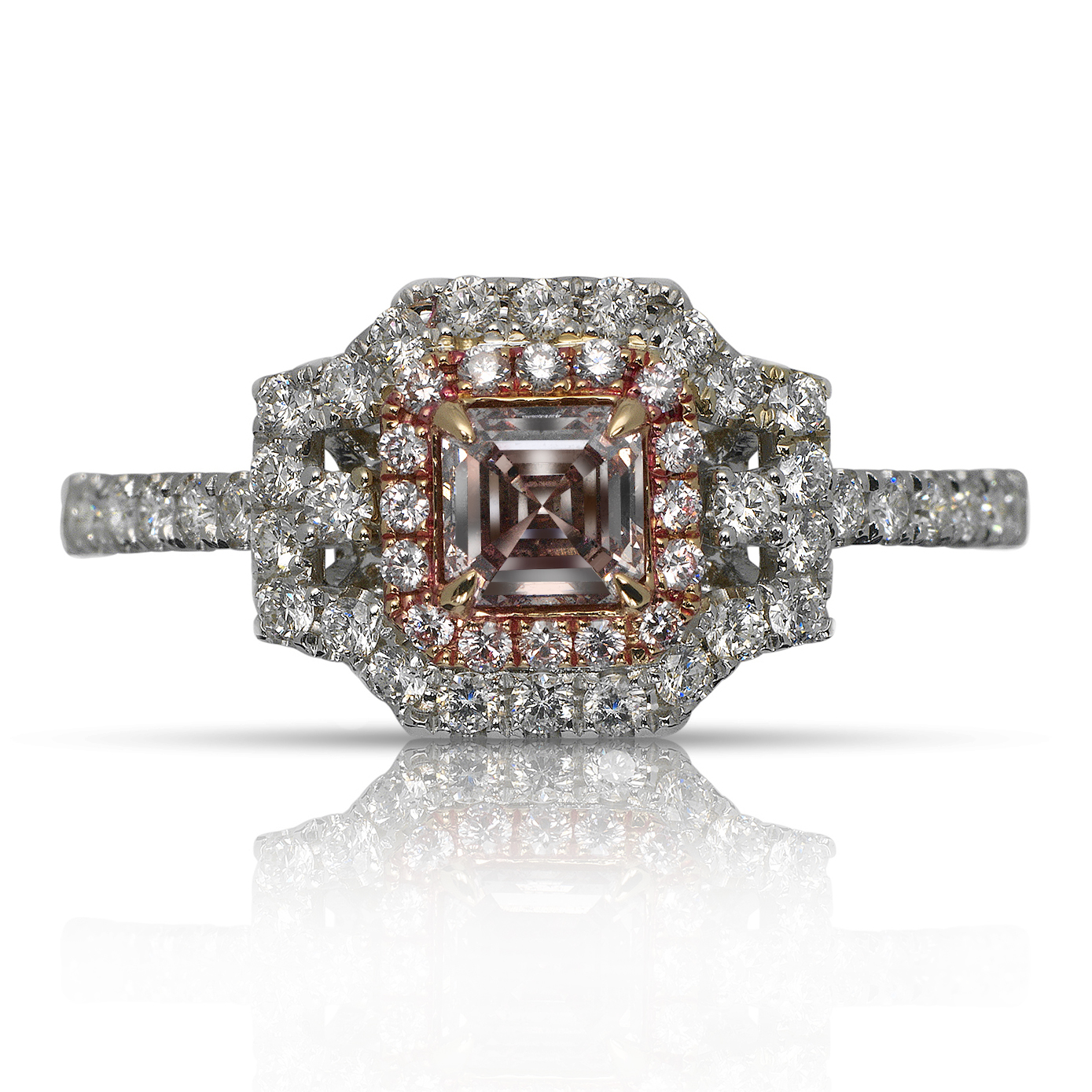 HALO ASSCHER CUT FANCY PINK DIAMOND ENGAGEMENT RING 18K ROSE WHITE GOLD GIA CERTIFIED 0.35 CT BY MIKE NEKTA