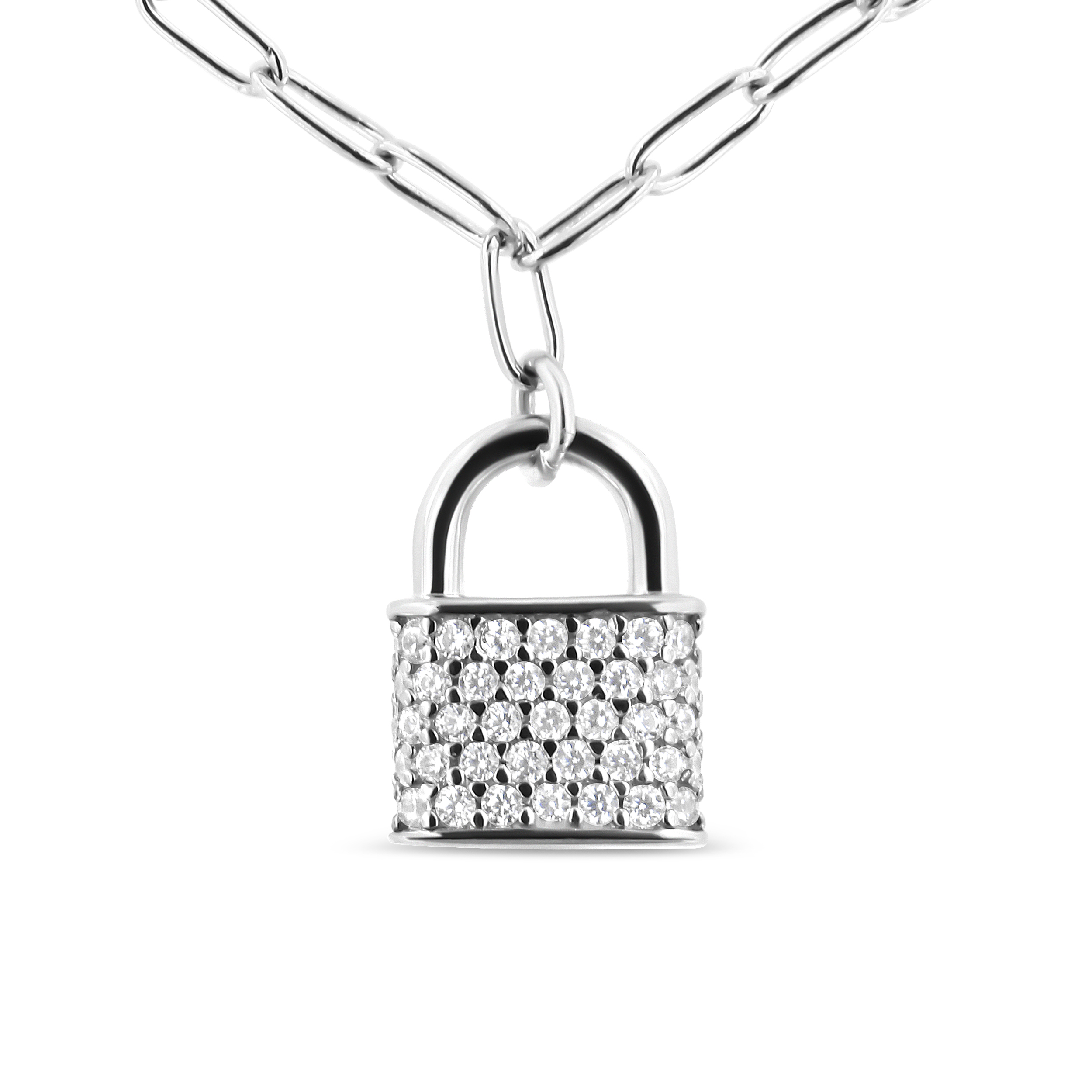 .925 Sterling Silver 1/4 Cttw Diamond Lock 16" Pendant Necklace with Paperclip Chain (H-I Color, SI2-I1 Clarity)