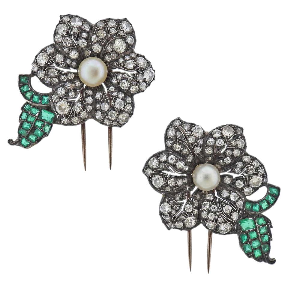 Antique Victorian Emerald Pearl Diamond Gold and Silver Flower Brooch Set