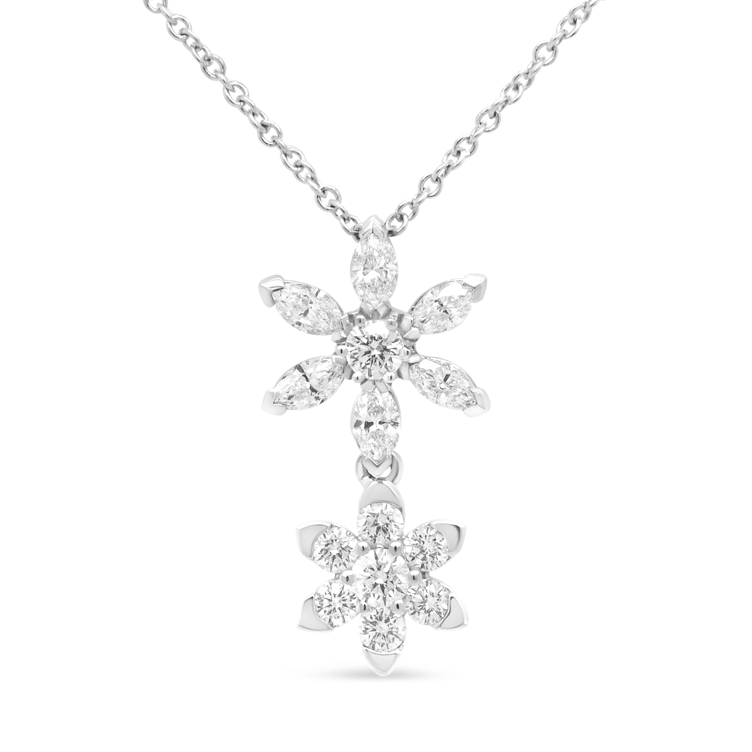 18K White Gold 3/4 Cttw Round and Marquise Diamond Double Flower 18" Pendant Necklace (F-G Color, VS2-SI1 Clarity)