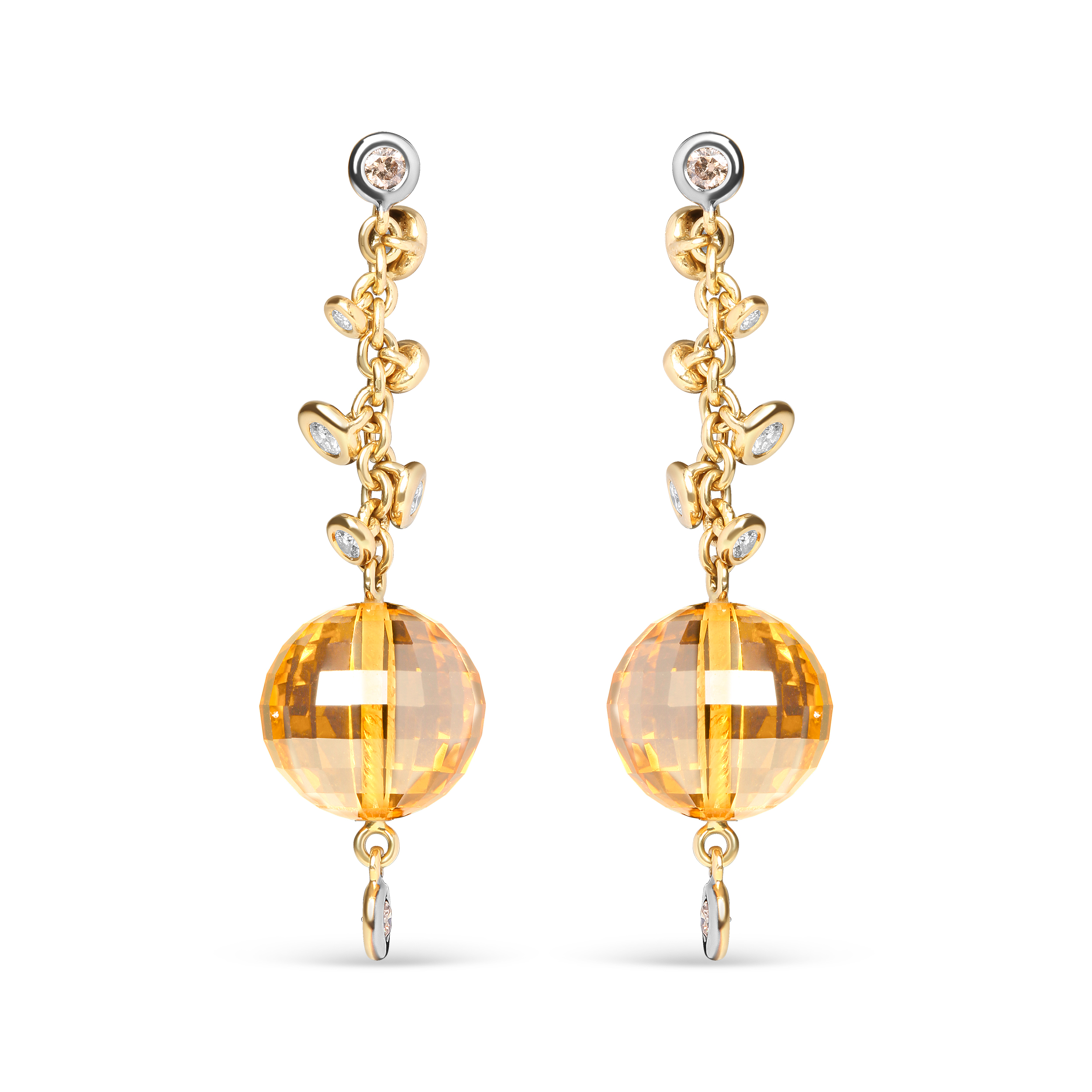 18K Yellow Gold 2/3 Cttw Round Bezel Diamond and 25mm Ball Shaped Yellow Citrine Gemstone Dangle Stud Earring (Brown and G-H Color, SI1-SI2 Clarity)