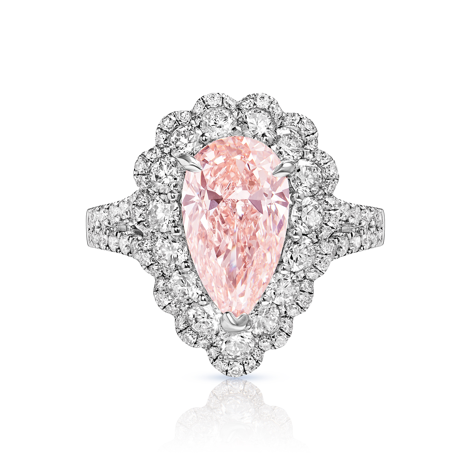Isabel 5 Carat Earth Mined Pear Shape Fancy Intense Orangey Pink Diamond Engagement Ring 18 Karat White Gold