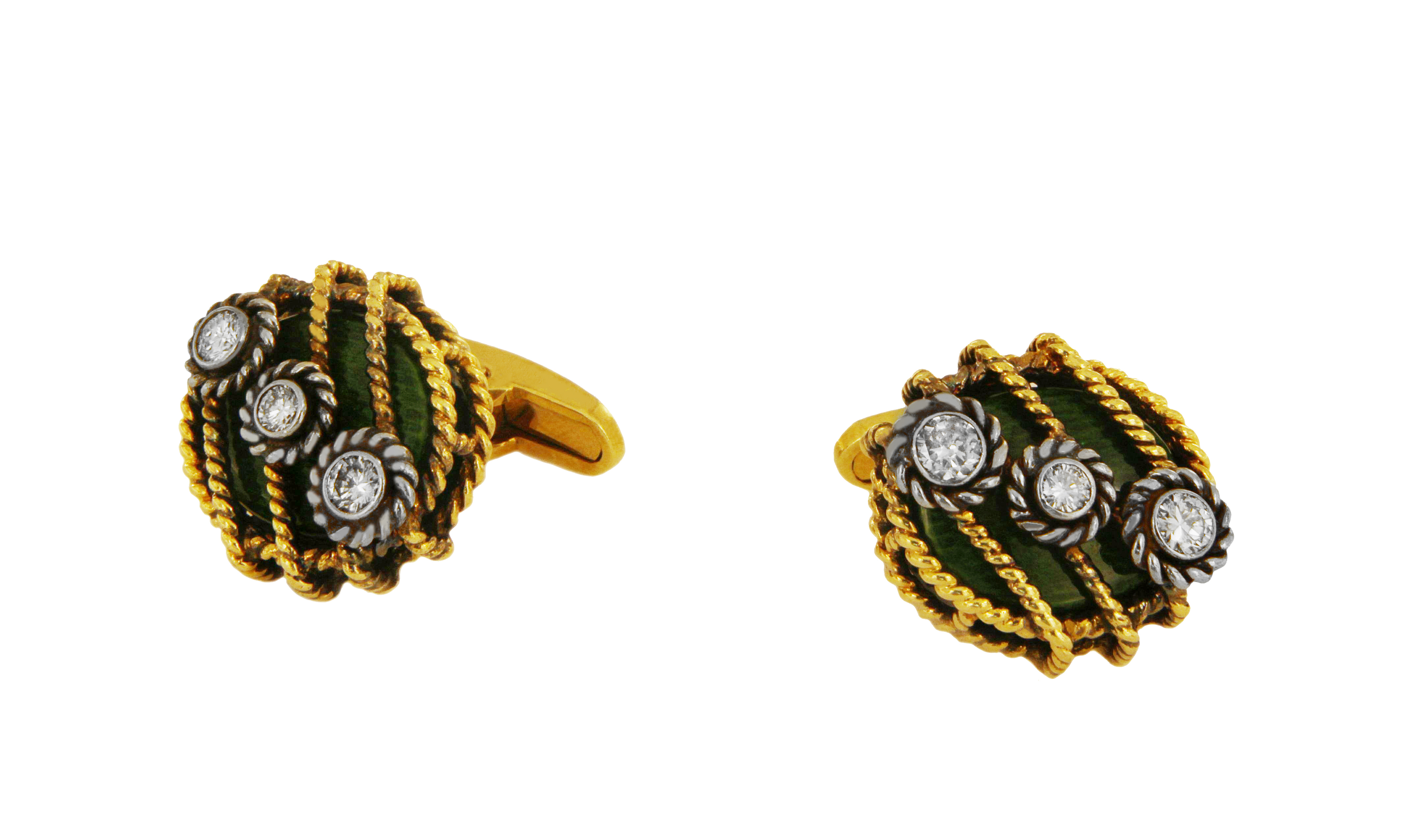 David Webb Yellow Gold Green Enamel Diamond Cufflinks