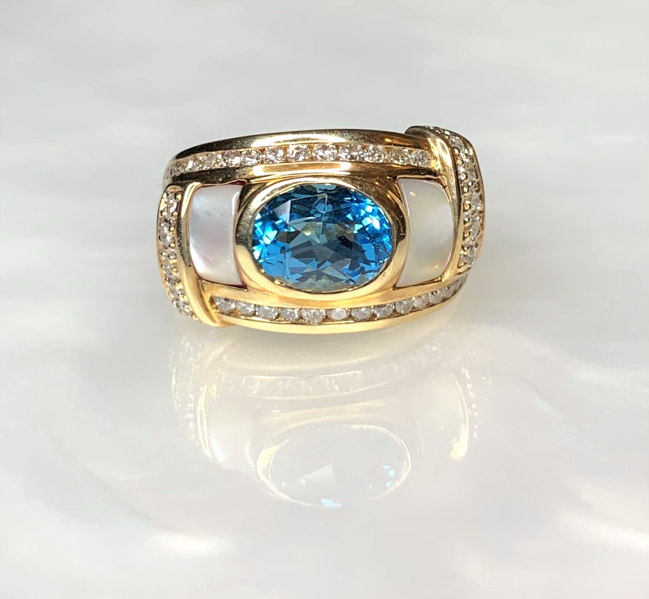 14K Yellow Gold Oval Cut Blue Topaz Mother of Pearl Diamond Ring